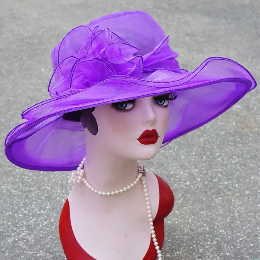 2021 Elegante Damenhüte mit breiter Krempe Sonnenhüte Kirche Hochzeits Derby Party Strand Blumen Mehrlagiger Organza Hut