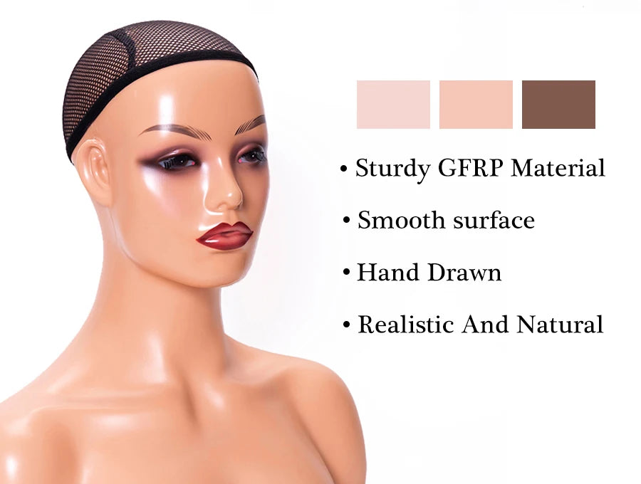 Weibliche Schaufensterpuppenkopf mit Schulter Mannequin Kopf Büste Perückenkopf Ständer mit Make-up für Perücken Präsentation Halskette Kostenlose Ohrringe, Perückenkappe