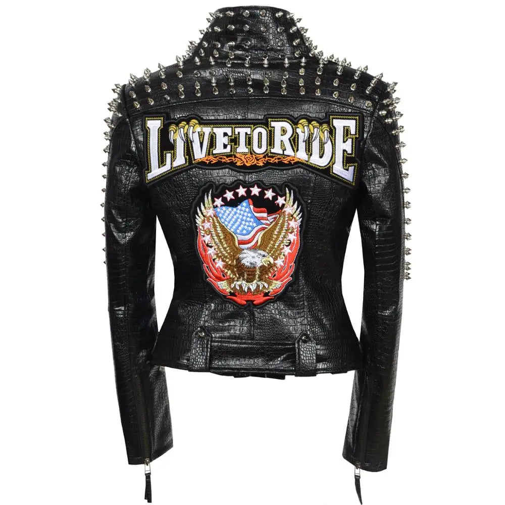 SX Occident Fashion women Club hot style Stud slim fit jacket shoulder rivets zip stitching short PU leather rock coat