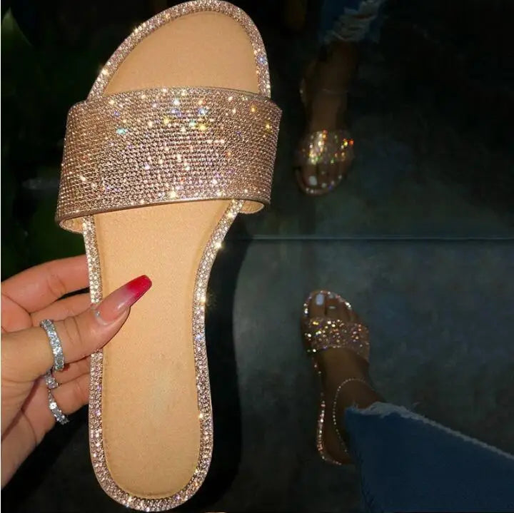 Glitter Slippers Women Summer Sandals 2023 Fashion Bling Female Candy Color Flip Flops Beach Diamond Flat Shoes Outdoor Sandals
