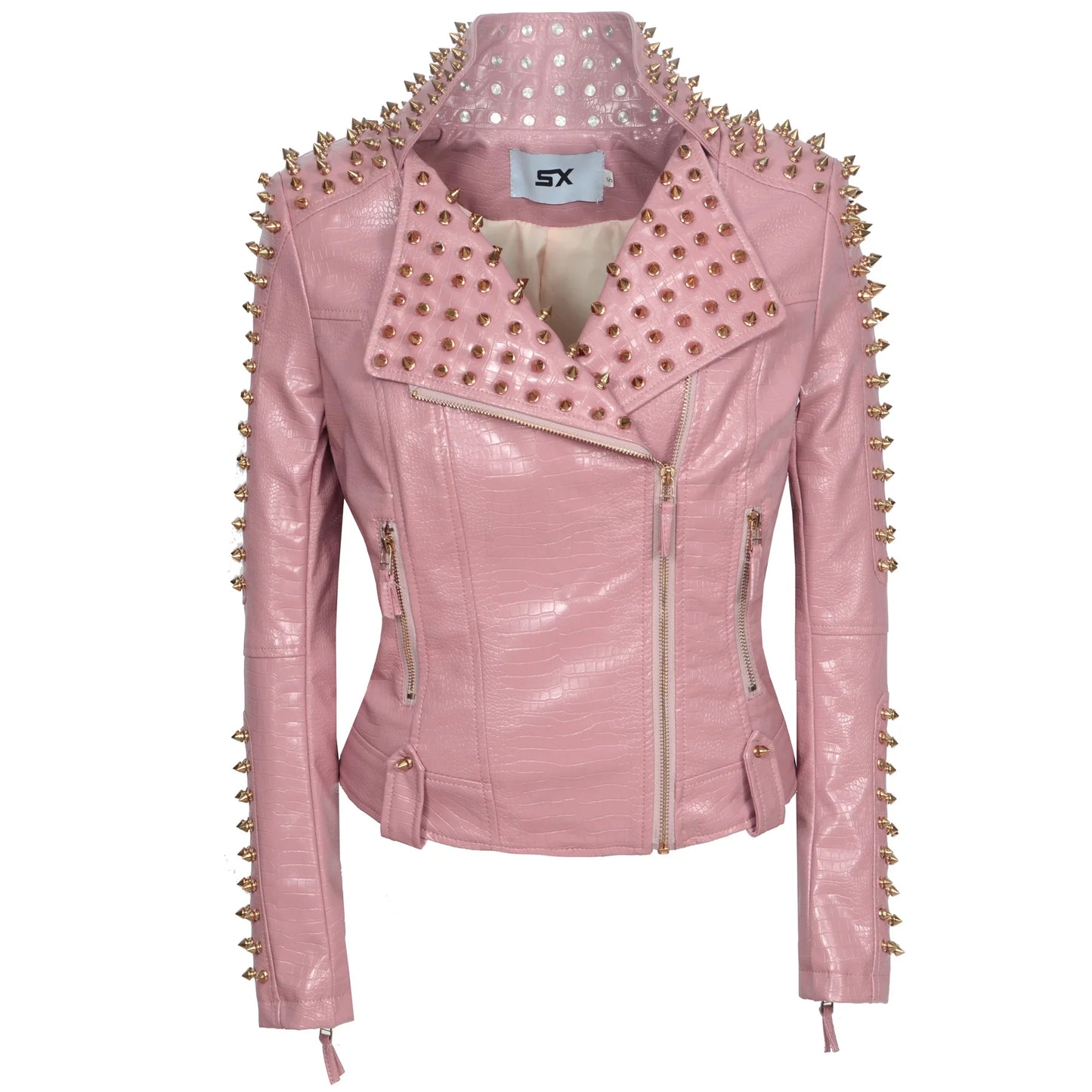 SX Occident Fashion women Club hot style Stud slim fit jacket shoulder rivets zip stitching short PU leather rock coat