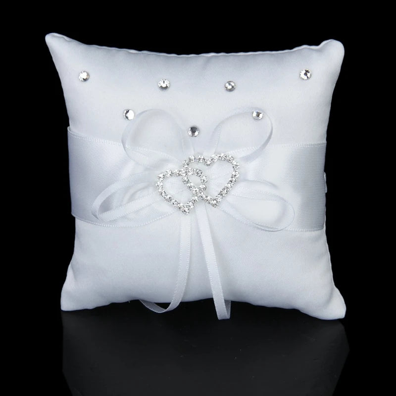 Weißes Doppeltes Herz Strass Ringkissen Hochzeit Ringträger Kissen 10*10cm