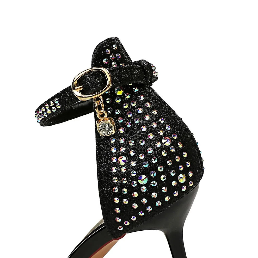 Damen Sommer Sandalen 8.5cm High Heels Strass Kristall Mittelhohe Absätze Knöchelriemchen Sandalen Damen Hochzeit Event Party Goldene Schuhe