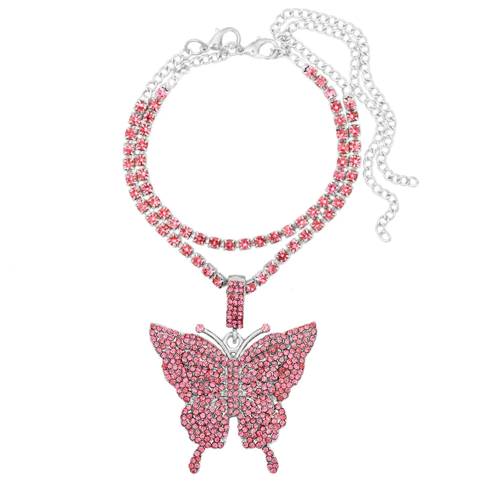 Vergoldete Kristall-Strass Schmetterling Anhänger Fußkettchen für Frauen, mehrschichtige große Strass Tennis-Kette Fußschmuck