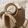 Straw Bag Women Hand-Woven Handbag Moon Shape Lace Bow Rattan Bag Big Capacity Drawstring Casual Beach Shoulder Crossbody Bag