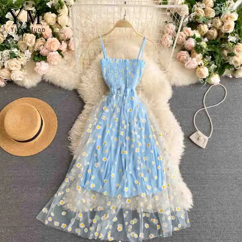 YuooMuoo Koreanische Mode Gänseblümchen Blumendruck Mesh Partykleid Sommer Zweilagiges Spaghettiträger Urlaub Midi Kleid Strandkleid
