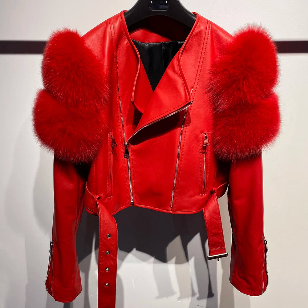GO BALLISTIC YA Women Leather Jacket With Fur Sleeve Fashion Ladies Crop Jacket