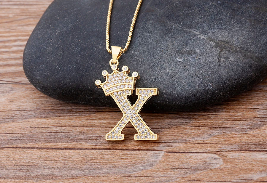 Nidin New Luxury Copper Zircon A-Z Crown Alphabet Pendant Chain Necklace Hip-Hop Style Fashion Woman Man Initial Name Jewelry