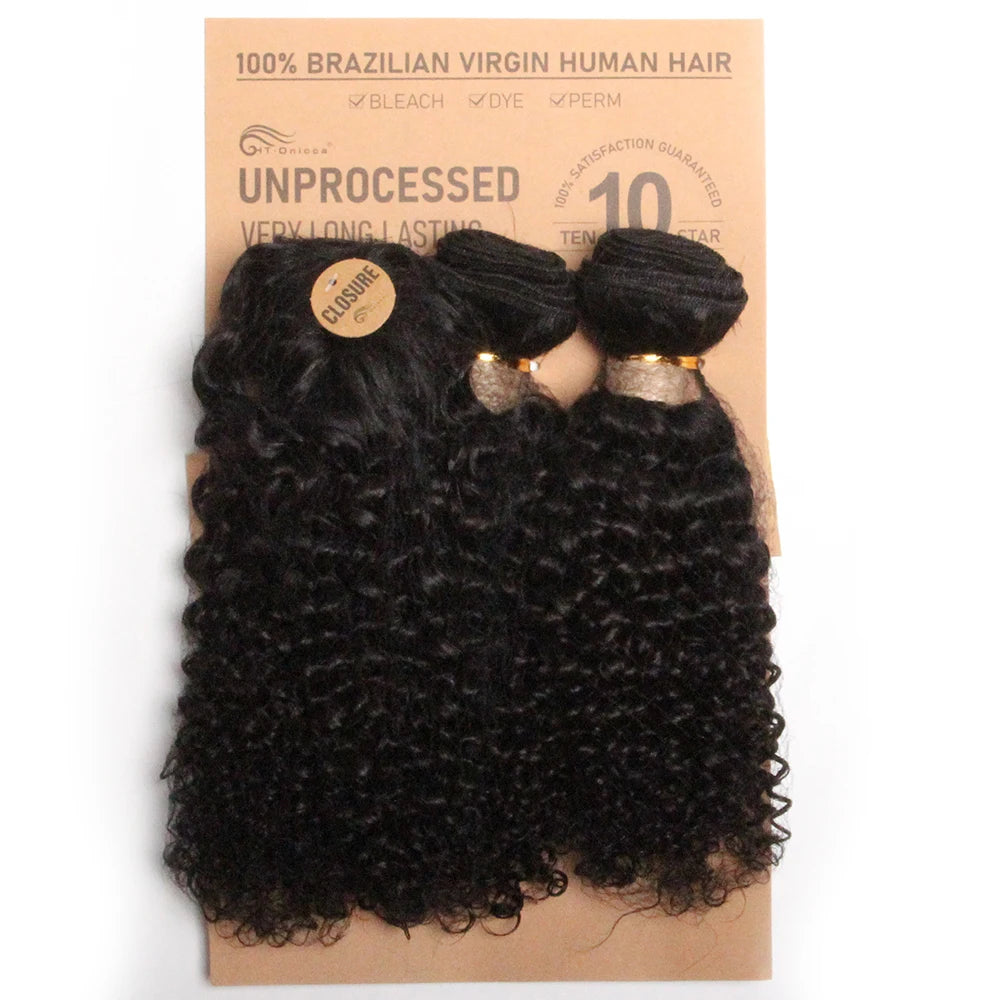 Lockiges Echthaar-Bundles mit Closure, kurzes indisches Echthaar-Bundles mit kreisförmigem Closure