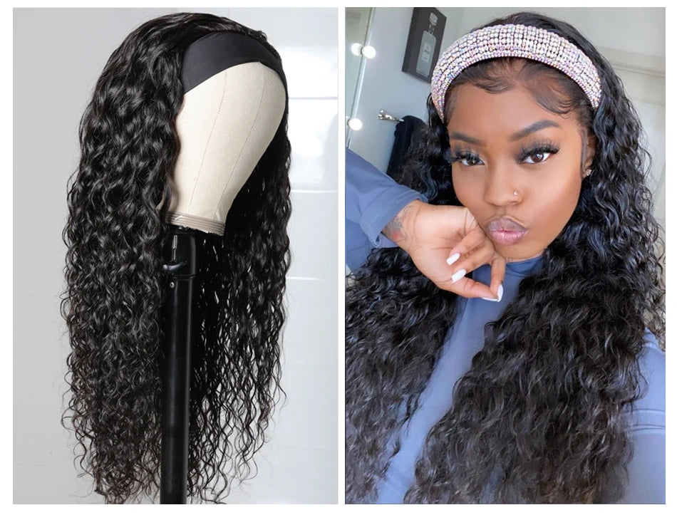 Unice Hair Headband Wig Human Hair Headband Scarf Wig Water Wave Human Hair Wigs for Women No Glue No Sew In Beginner Friendly