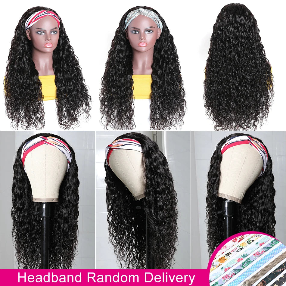 Unice Hair Headband Wig Human Hair Headband Scarf Wig Water Wave Human Hair Wigs for Women No Glue No Sew In Beginner Friendly