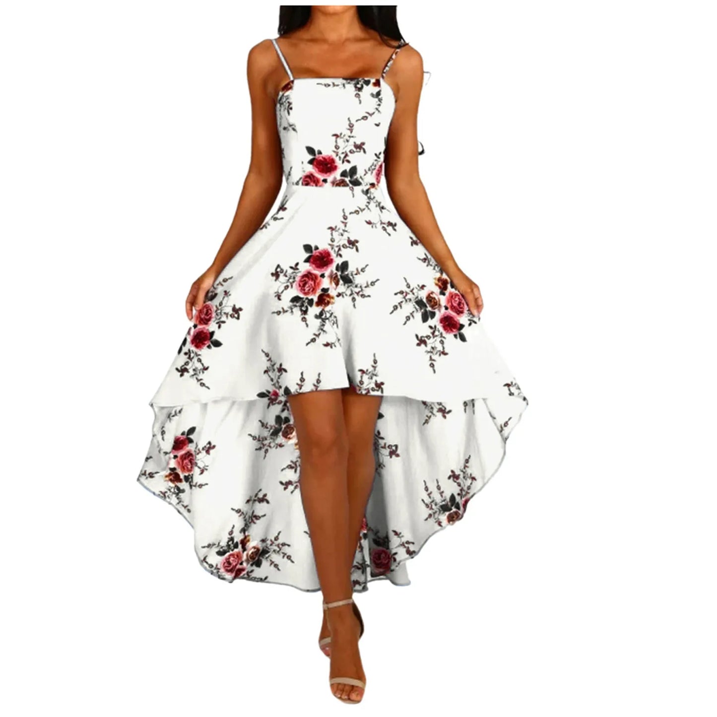 Women Holiday Floral Print Long Dresses Summer Spaghetti Strap Beach Swing Party A Line Dress Sexy Backless Irregular Dress Robe