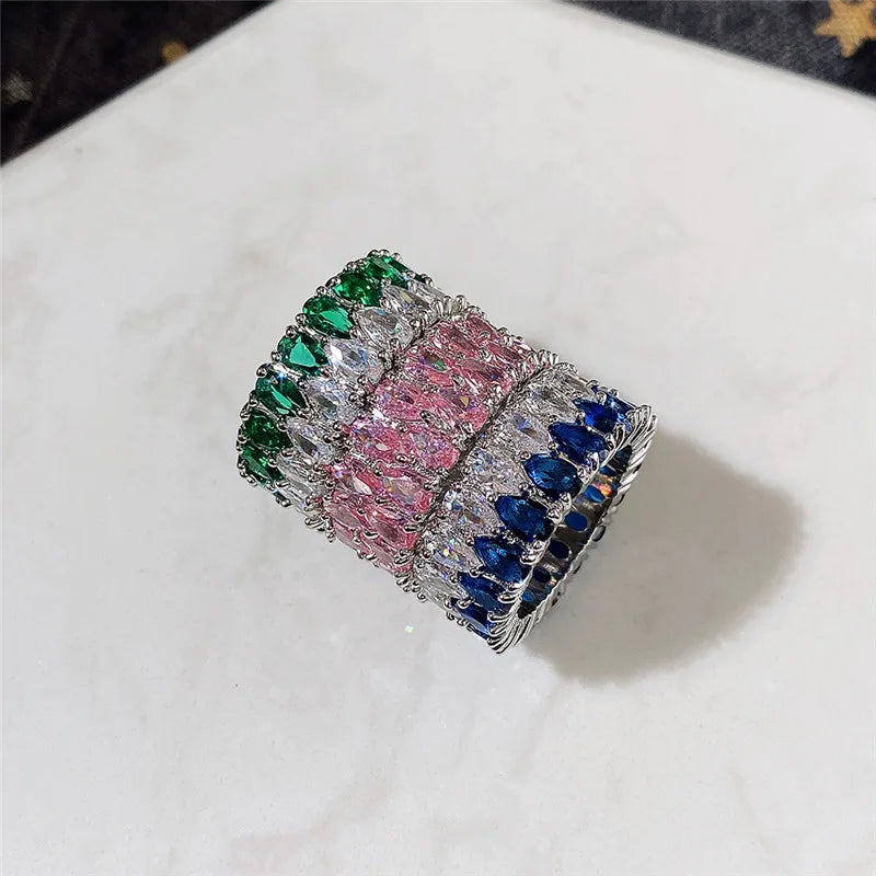 Huitan Fashion Eternity Promise Rings Women Colorful Cubic Zircon Stylish Female Accessories for Party Daily Wear Luxury Jewelry
