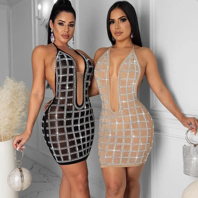 Glitzerndes Strass-Neckholder-Rückenfreies Bodycon-Kleid Damen Elegantes Nachtclub-Weihnachts-Geburtstagskleid Sexy Mesh-Durchsichtiges Minikleid
