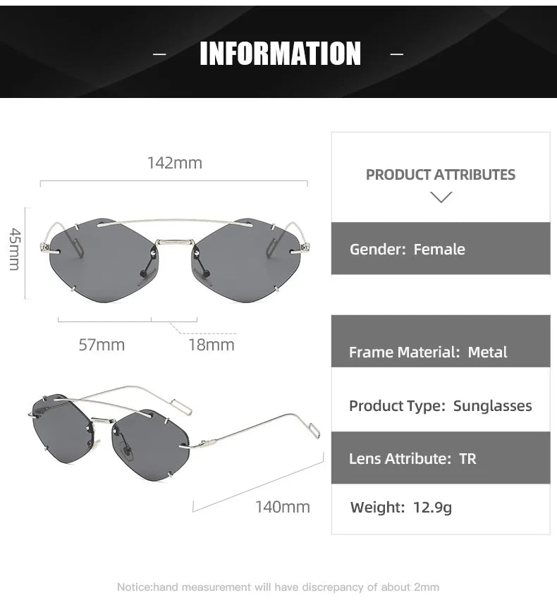 Randlose Diamant-Sonnenbrille Quadratisch Damen Herren Retro-Sonnenbrille Designerbrille UV400 Shades Oculos Weibliche Gafas