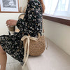 Straw Bag Women Hand-Woven Handbag Moon Shape Lace Bow Rattan Bag Big Capacity Drawstring Casual Beach Shoulder Crossbody Bag