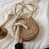 Straw Bag Women Hand-Woven Handbag Moon Shape Lace Bow Rattan Bag Big Capacity Drawstring Casual Beach Shoulder Crossbody Bag