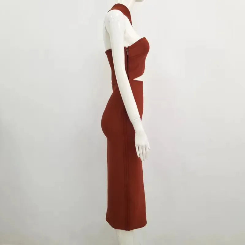 Damen Sommer sexy ausgehöhltes braunes Midi knielanges Bodycon-Bandagekleid 2023 Designer elegantes Abendpartykleid Vestido
