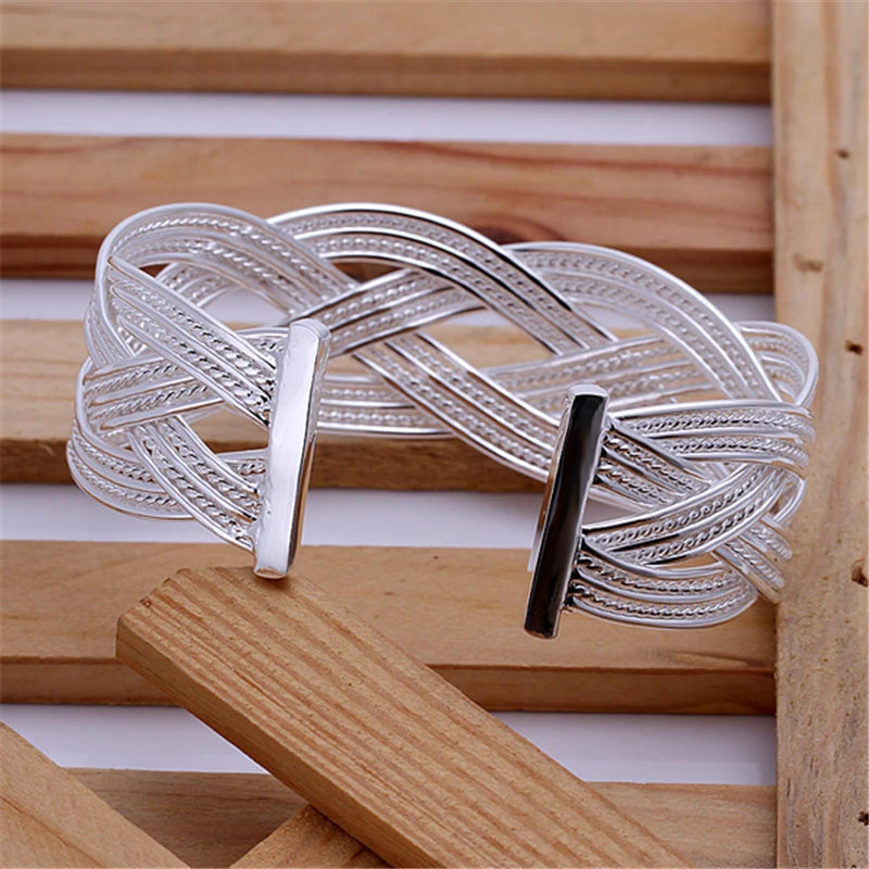 DOTEFFIL 925 Sterling Silver Interwoven Web Bangle Ring Set For Woman Wedding Engagement Party Fashion Charm Jewelry