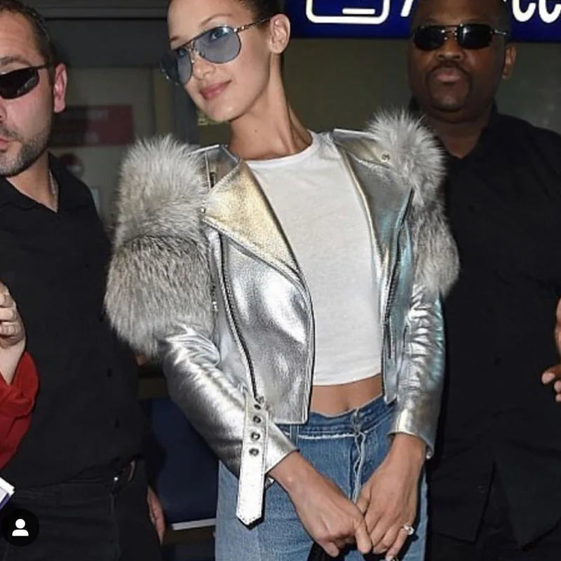 GO BALLISTIC YA Women Leather Jacket With Fur Sleeve Fashion Ladies Crop Jacket