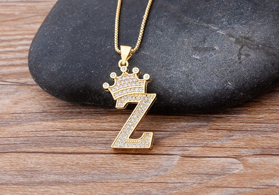 Nidin New Luxury Copper Zircon A-Z Crown Alphabet Pendant Chain Necklace Hip-Hop Style Fashion Woman Man Initial Name Jewelry