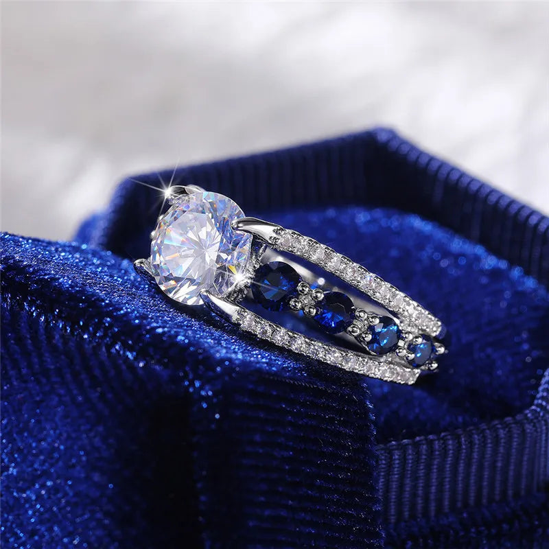Huitan Special-interest Wedding Rings Women Blue/White Round CZ Novel Designed Female Party Ring Temperament Gift Trendy Jewelry