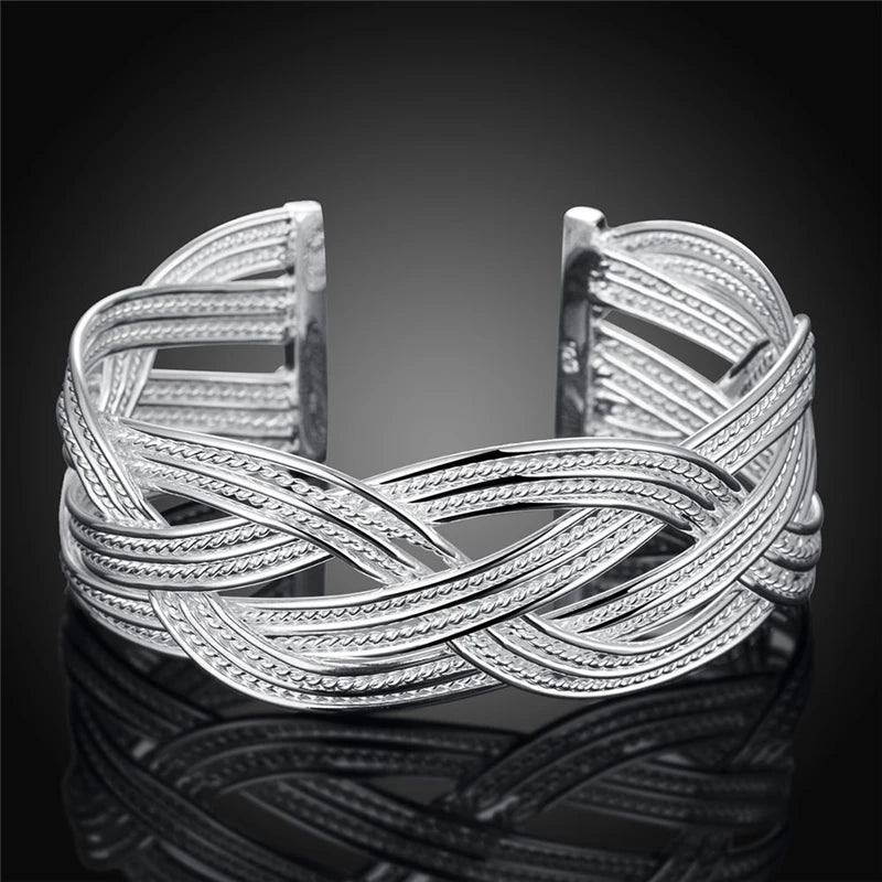 DOTEFFIL 925 Sterling Silver Interwoven Web Bangle Ring Set For Woman Wedding Engagement Party Fashion Charm Jewelry