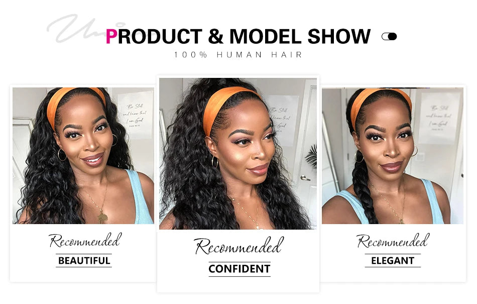 Unice Hair Headband Wig Human Hair Headband Scarf Wig Water Wave Human Hair Wigs for Women No Glue No Sew In Beginner Friendly