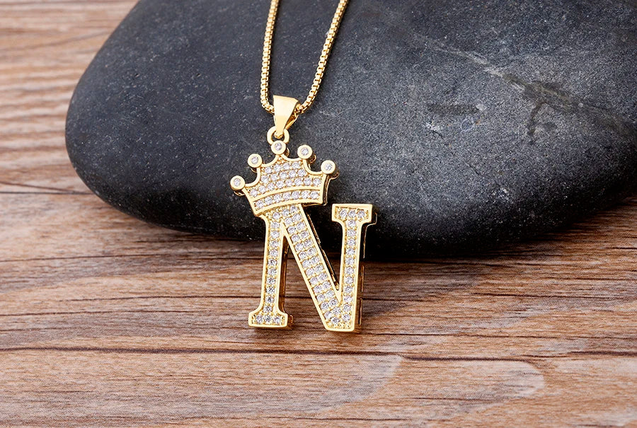 Nidin New Luxury Copper Zircon A-Z Crown Alphabet Pendant Chain Necklace Hip-Hop Style Fashion Woman Man Initial Name Jewelry