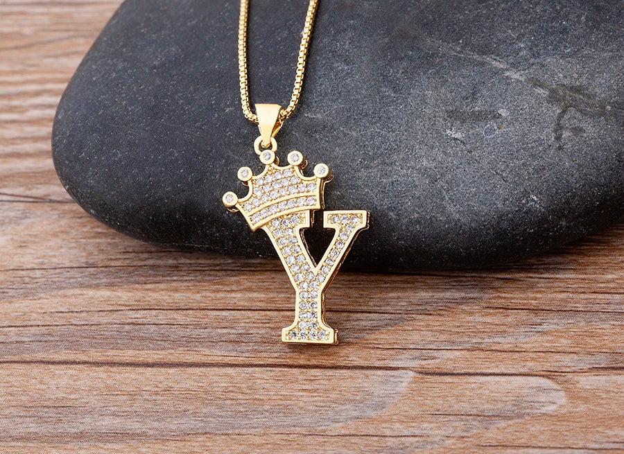 Nidin New Luxury Copper Zircon A-Z Crown Alphabet Pendant Chain Necklace Hip-Hop Style Fashion Woman Man Initial Name Jewelry