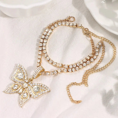Vergoldete Kristall-Strass Schmetterling Anhänger Fußkettchen für Frauen, mehrschichtige große Strass Tennis-Kette Fußschmuck