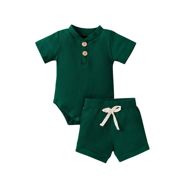 2Pcs Unisex Baby Summer Outfits Suit Solid Color Ribbed Casual Short Sleeves Romper+Elastic Waist Shorts for Toddler Infant