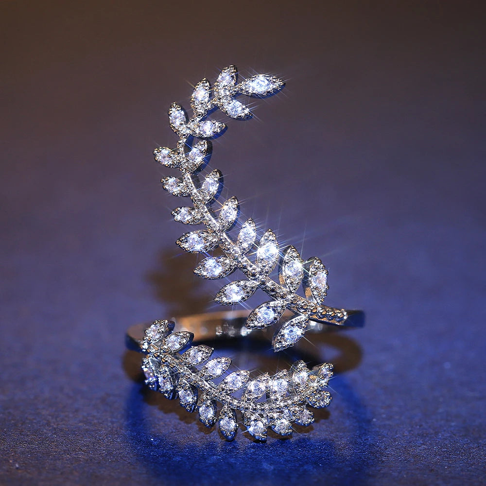 Huitan Graceful Leaves Both End of Open Ring Silver Color Cocktail Party Rings Shine Crystal Zircon Fashion Women Jewelry