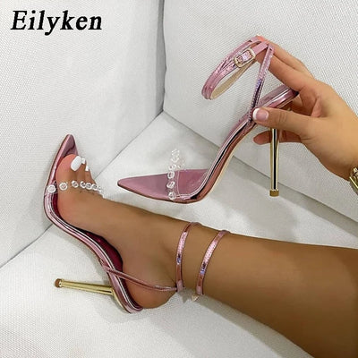 Eilyken Kristall Sexy Damen Sandalen Metall High Heels Knöchel Schnalle Riemen Gladiator Damen Pumps Stiletto Nachtclub Party Schuhe