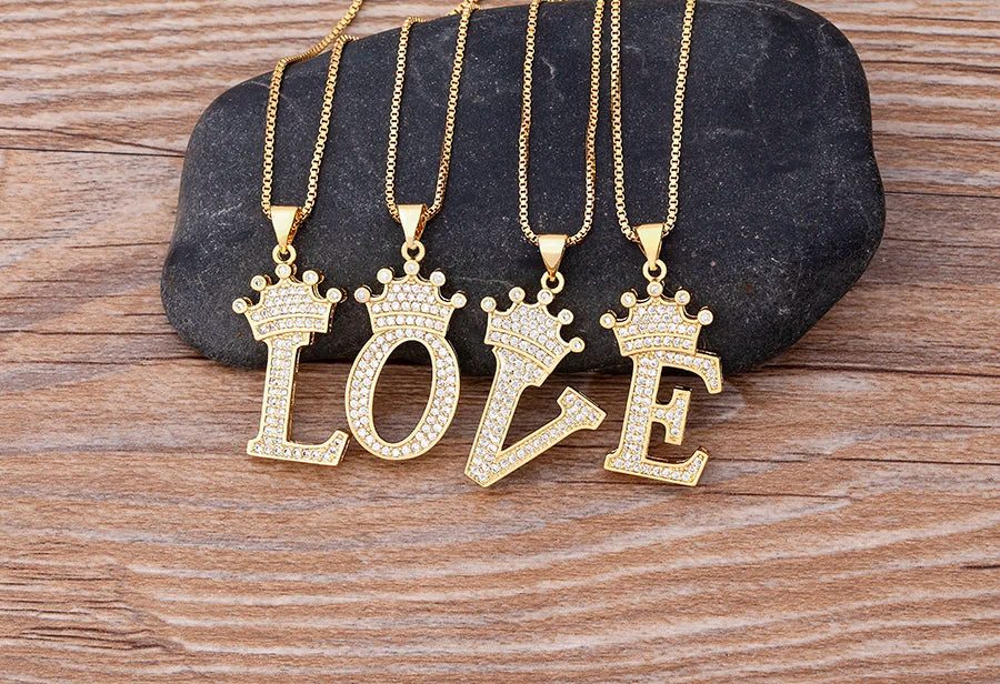 Nidin New Luxury Copper Zircon A-Z Crown Alphabet Pendant Chain Necklace Hip-Hop Style Fashion Woman Man Initial Name Jewelry