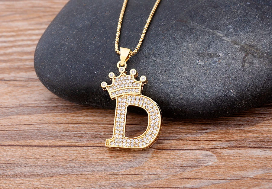 Nidin New Luxury Copper Zircon A-Z Crown Alphabet Pendant Chain Necklace Hip-Hop Style Fashion Woman Man Initial Name Jewelry