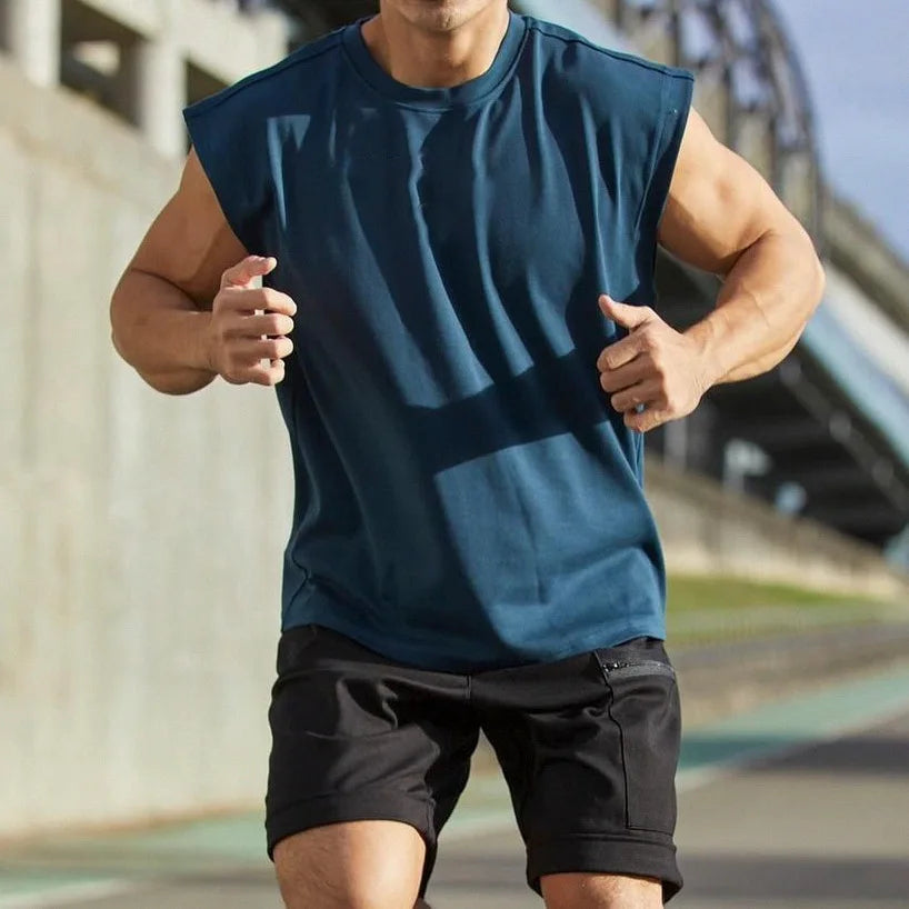 New Men O-neck Tank Top Pure Color Cotton Summer Vest Gym Muscle Bodybuilding Streetwear Sleeveless Shirt Workout Fitness Sport