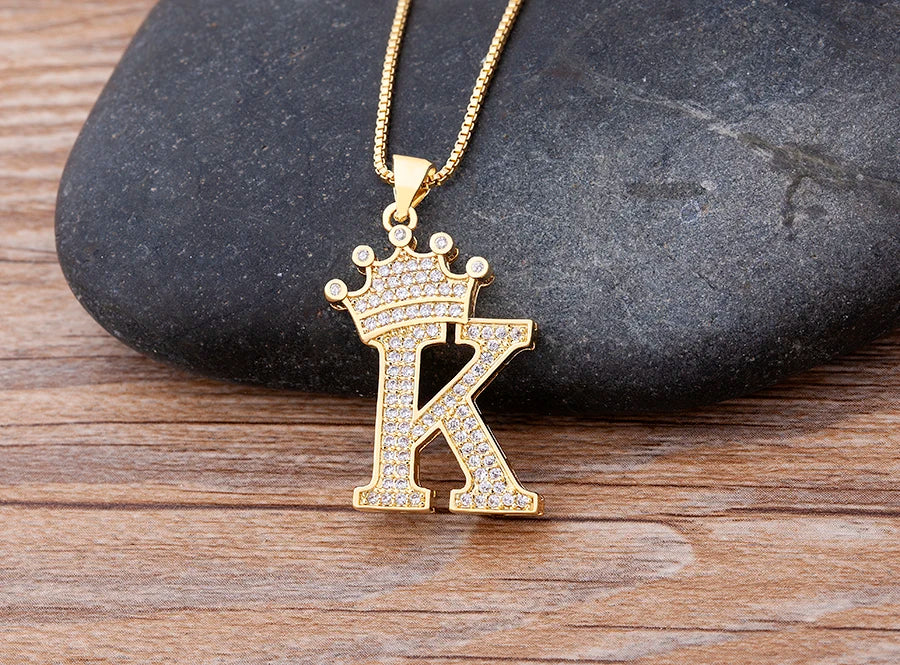 Nidin New Luxury Copper Zircon A-Z Crown Alphabet Pendant Chain Necklace Hip-Hop Style Fashion Woman Man Initial Name Jewelry
