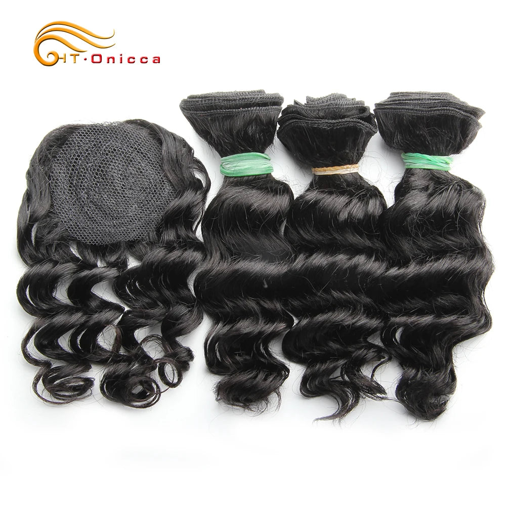 Lockiges Echthaar-Bundles mit Closure, kurzes indisches Echthaar-Bundles mit kreisförmigem Closure