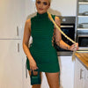 Kliou Stunning Stacked Mini Dress Women Sexy Solid Mock Neck Sleeveless Draw String Bodycon Party Clubwear Elegant Female Skirt