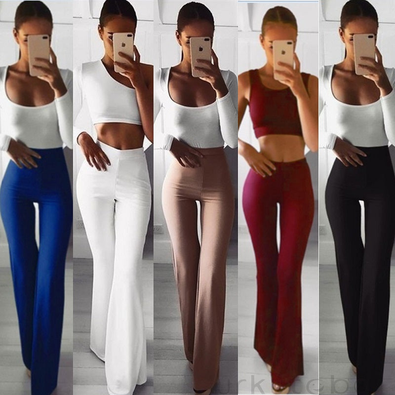 Womens Solid Color High Waist Flare Pants Ladies Trousers Bell Bottom Long Pants Black/White/Blue/Khaki/Burgundy