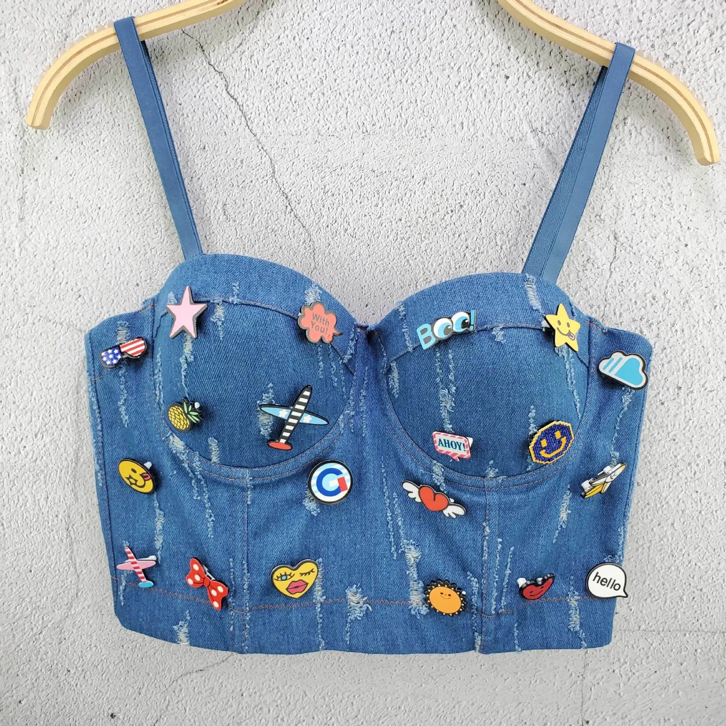 Irene Tinnie Sexy Cute Loch Cartoon Dekoration Push Up Bustier Damen Jeans Bralette Cropped Top Weste Große Größe