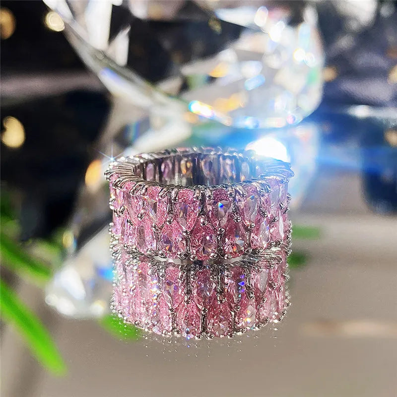 Huitan Fashion Eternity Promise Rings Women Colorful Cubic Zircon Stylish Female Accessories for Party Daily Wear Luxury Jewelry