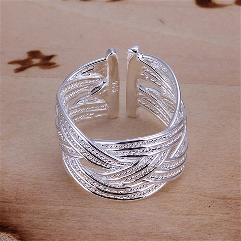 DOTEFFIL 925 Sterling Silver Interwoven Web Bangle Ring Set For Woman Wedding Engagement Party Fashion Charm Jewelry