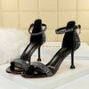 Damen Sommer Sandalen 8.5cm High Heels Strass Kristall Mittelhohe Absätze Knöchelriemchen Sandalen Damen Hochzeit Event Party Goldene Schuhe