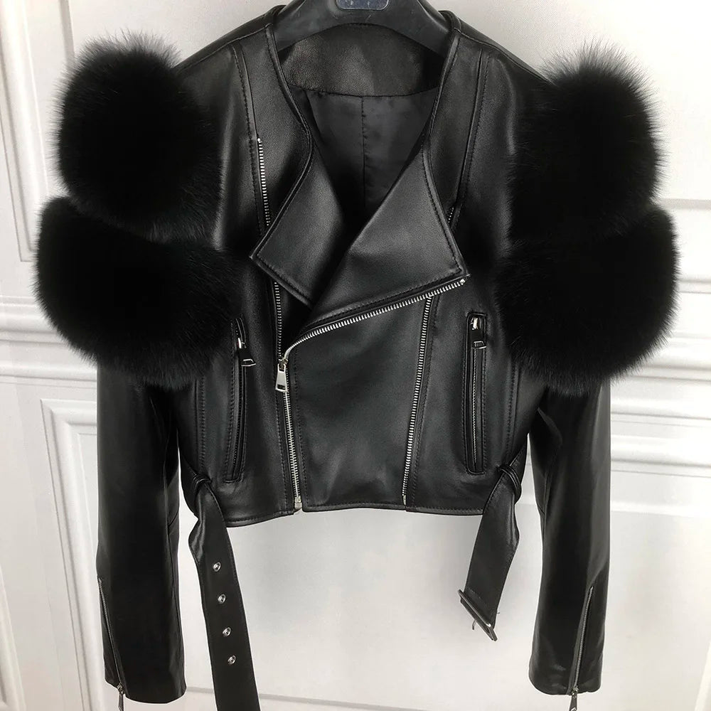 GO BALLISTIC YA Ladies' Genuine Leather Jacket with Fur Sleeve Women's Natural Lambskin Outfit