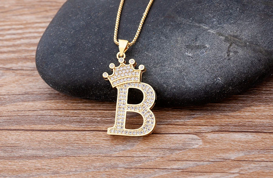 Nidin New Luxury Copper Zircon A-Z Crown Alphabet Pendant Chain Necklace Hip-Hop Style Fashion Woman Man Initial Name Jewelry