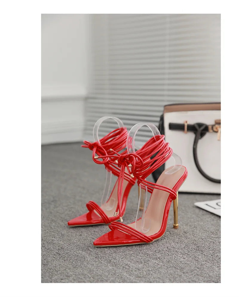 Sommer 12CM Gladiator High-Heel Sandalen für Damen Mode Spitze Offene Zehen Schnür-Stiletto Damen Riemchen-Hochzeitsschuhe Schwarz Rot