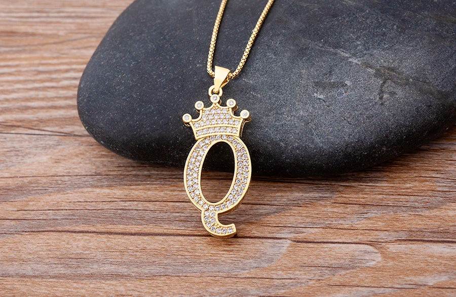 Nidin New Luxury Copper Zircon A-Z Crown Alphabet Pendant Chain Necklace Hip-Hop Style Fashion Woman Man Initial Name Jewelry