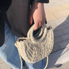 Straw Bag Women Hand-Woven Handbag Moon Shape Lace Bow Rattan Bag Big Capacity Drawstring Casual Beach Shoulder Crossbody Bag